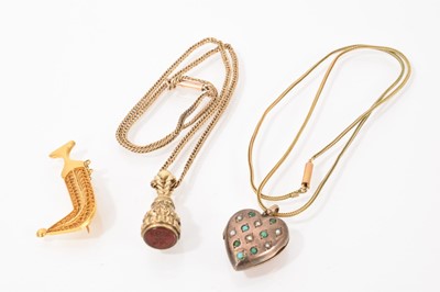 Lot 541 - Group of jewellery to include a Victorian seal on chain, a Victorian turquoise and seed pearl heart-shaped locket on chain and an eastern gold/yellow metal jambiya brooch
