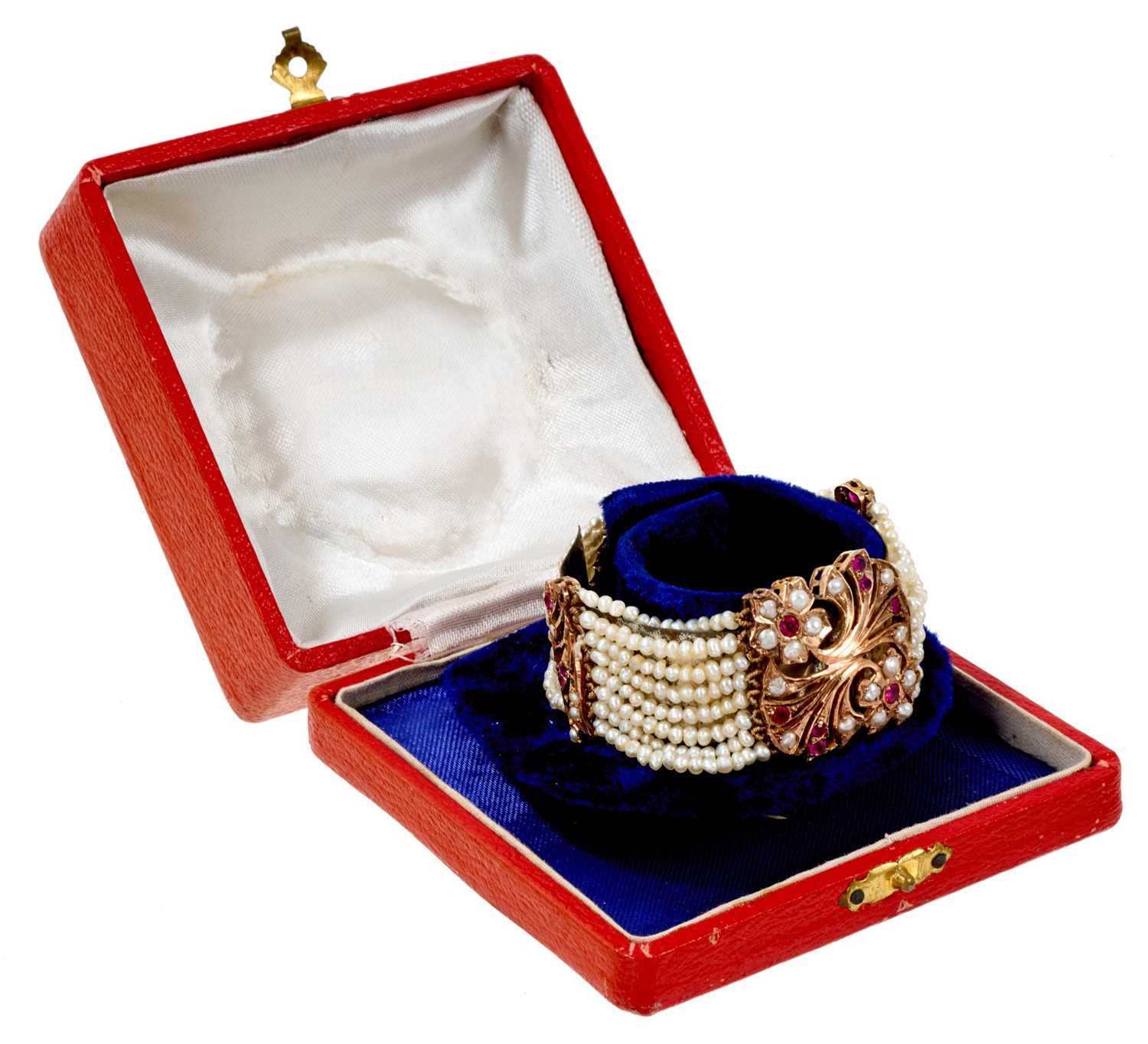 Lot 542 - Indian gold seed pearl and synthetic ruby bracelet, pendant on chain and a pendant/brooch
