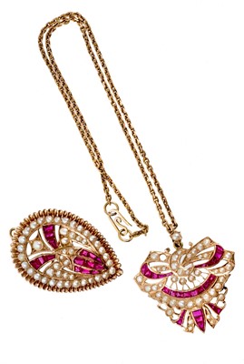 Lot 542 - Indian gold seed pearl and synthetic ruby bracelet, pendant on chain and a pendant/brooch