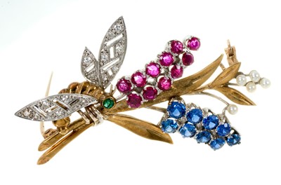 Lot 543 - 1950s Diamond and multi-gem floral spray brooch retailed by Garrard & Co Ltd, hallmarked Birmingham 1953, in fitted tooled red leather Garrard box