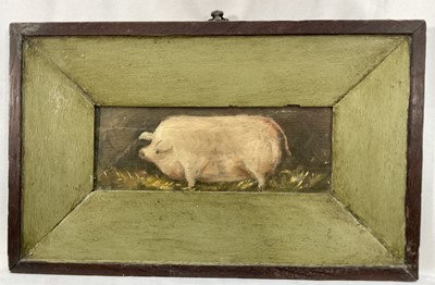 Lot 235 - English School, oil on panel - Prize Pig, 7.5cm x 21cm, in a green painted oak frame