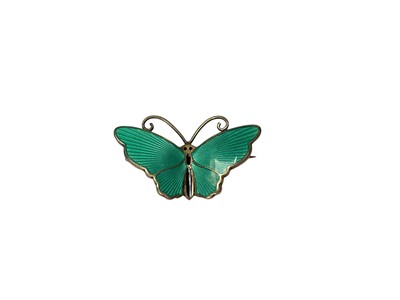 Lot 15 - David Andersen Norwegian sterling silver green and black enamel butterfly brooch, 31mm