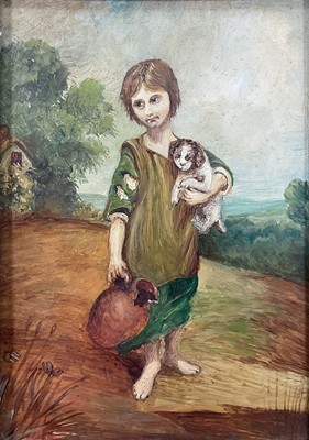 Lot 222 - English School early 19th century, oil on board, child standing in a landscape, a puppy under one arm and a pitcher in the other arm. In original gilt frame. 14 x 10cm.               ...