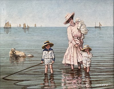 Lot 232 - Geoff Biggs, oils on canvas board, "Paddling and Watching the Boat go by", pair both signed, in gilt frames. Each 19 x 24cm. (2)