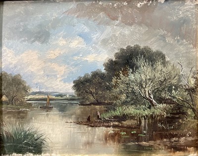 Lot 278 - John Thorn, oil on board, The Thames near Molesey, signed and dated 1917, also inscribed verso, in gilt frame. 20 x 25cm.