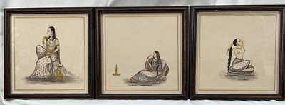 Lot 230 - Indian School early 20th century, watercolours, three paintings of elegant ladies, in black frames. Each 17 x 17cm (3)