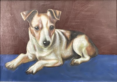 Lot 277 - Alex Benson, pair of oils on board, Jack Russell Terrier and a Pug, in white frames, signed and inscribed verso. Each 20 x 29cm. (2)