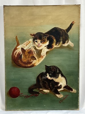 Lot 249 - George Goodall, oil on canvas, early 20th century of kittens playing, 35.5cm x 25,5cm. Unframed.