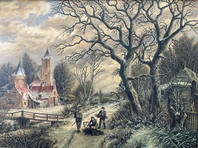 Lot 226 - S.B.R. early 20th century, oil on canvas board, figures collecting firewood by cottages and a church, monogrammed, in a wooden frame. 44 x 59cm.                                                 <...