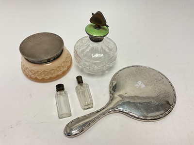 Lot 80 - Continental silver (800) dressing table mirror, together with silver mounted glass jars and bottles (5)