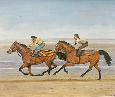 Lot 224 - Geraldine Freeman, oil on canvas, Red Rum and another horse galloping on a beach, signed, inscribed and dated 1990 in wooden frame. 50 x 60cm.