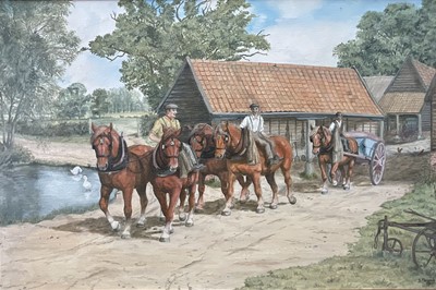 Lot 223 - Geraldine Freeman, oil on canvas, farmyard scene with heavy horses being ridden by a duck pond, signed and dated 1989, in a wooden frame. 50 x 76cm.                                              ...