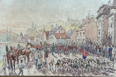 Lot 276 - Charles Boyer late 19th century, pair of watercolours, The Meet and The Hunt, both signed, in gilt frames. (2) Each 11 x 17cm.