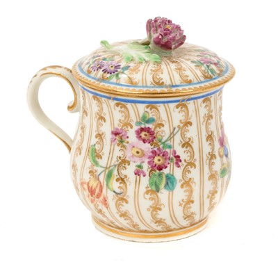 Lot 116 - Worcester custard cup and cover, circa 1770, painted in the Giles atelier, some gilding later. Provenance: Jupiter Antiques £2395