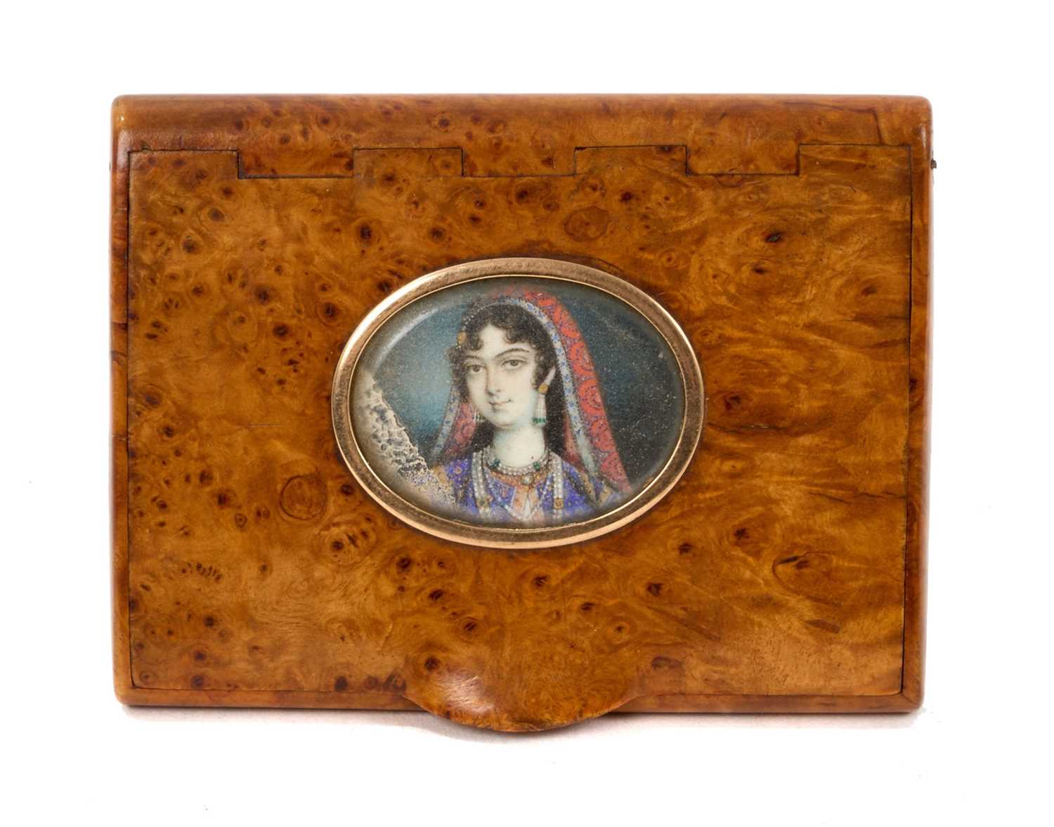 Lot 964 - Fine 19th century burr wood snuff box, with Indian miniature on ivory of Ruqaiya Sultan Begum