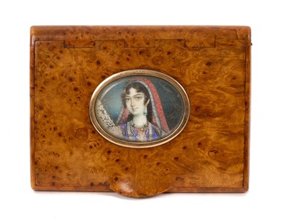 Lot 964 - Fine 19th century burr wood snuff box, with Indian miniature on ivory of Ruqaiya Sultan Begum