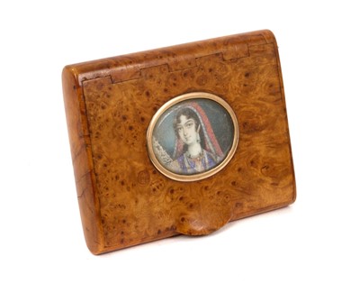Lot 964 - Fine 19th century burr wood snuff box, with Indian miniature on ivory of Ruqaiya Sultan Begum