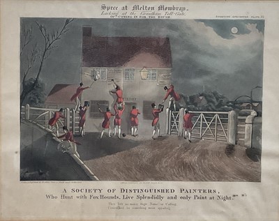 Lot 299 - Henry Alken, two 19th century hand coloured engravings, 'Spree at Melton Mowbray', 32cm x 40cm, framed and glazed