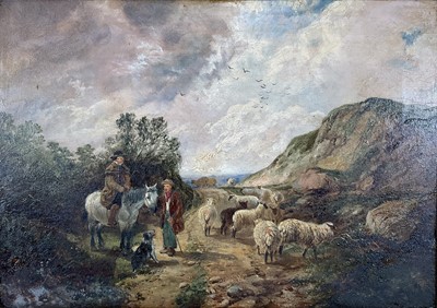 Lot 242 - Manner of John Frederick Herring Jnr, oil on canvas - Figures, sheep, dog and horse on a hillside track,24cm x 34cm in gilt frame