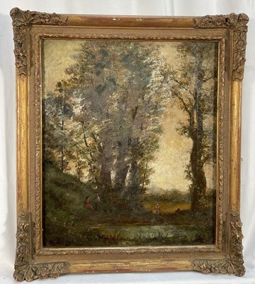 Lot 247 - After Corot, oil on canvas - Figures by a wooded lakeside, 36cm x 31cm, signature Corot, in gilt frame.
