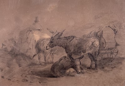 Lot 244 - Manner of James Ward, charcoal and chalk - Donkeys with a figure beyond,23.5cm 33.5cm in glazed frame