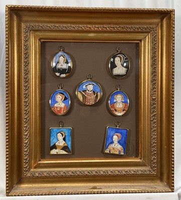 Lot 240 - Gaynor Laight, English School seven portrait miniatures on paper, Henry VIII and his six wives, 34cm 29cm,displayed together in a glazed frame,Signed and dated 2019/2020