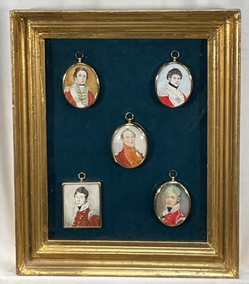 Lot 241 - Gaynor Laight, English School five portrait miniatures on paper - Military Officers, 34cm x 26cm, displayed together in a glazed frame