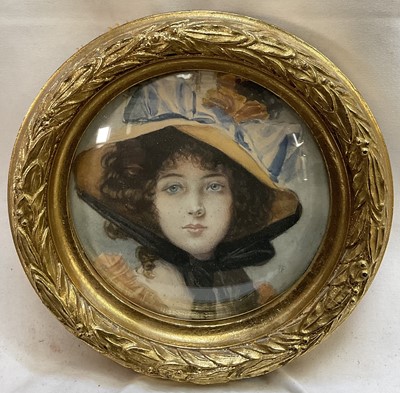 Lot 245 - 'F.F.' printed portrait of a young lady, tondo, monogrammed. 11cm x 11cm in circular gilt frame