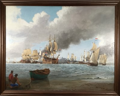 Lot 325 - John Cotgrove oil on canvas - The Fight in the Hope, an Extensive Panoramic Sea Battle, inscribed with pictures, titled verso, signed, 70cm x 90cm, framed