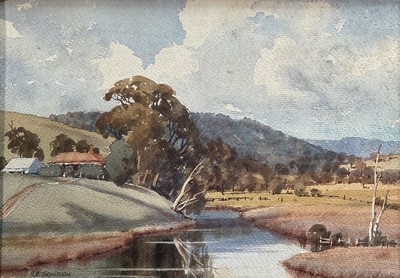 Lot 258 - R.E. Thompson ,watercolour - Apollo Bay, Victoria, Australia, 31.5cm x 45.5cm, signed, inscribed verso,framed.