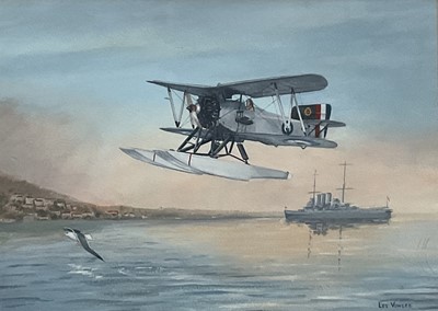 Lot 260 - Les Vowles watercolour and two prints after the artist - Fairy Flycatcher aeroplane, signed, together with two pencil signed coloured prints after Les Vowles of aeronautical interest