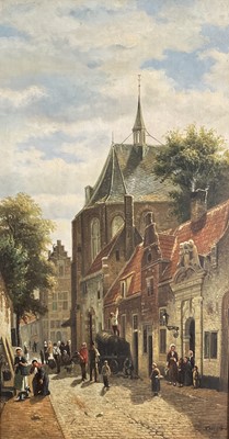 Lot 256 - After Jan Vrolijk, oil on canvas - A Dutch street scene with figures and dogs, 84.5cm x 44.5cm, signed, in wooden frame