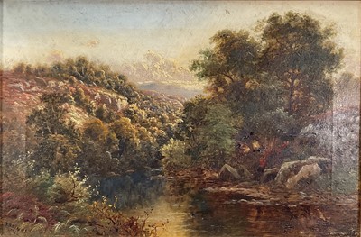 Lot 259 - Thomas Spinks 19th Century oil on canvas - An extensive wooded river landscape, 29cm x 44.5cm, signed and dated 1883, in gilt frame.
