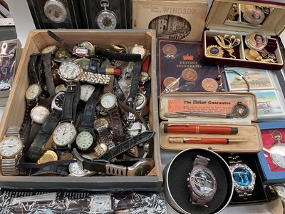 Lot 1138 - Collection of various watches, costume jewellery, military badges, pens and sundries