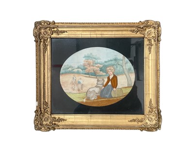 Lot 663 - Small Georgian silk and woolwork picture of young girl in field with dog during harvest