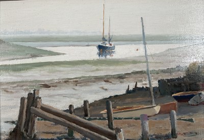 Lot 36 - Roger Fisher (British, 1919-1993) two oils on board ‘Low Tide, Landermere’ and ‘Swans at Welney’, framed