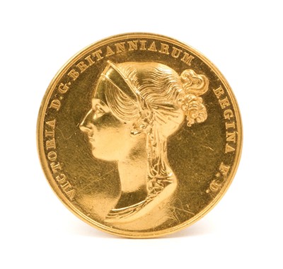 Lot 71 - H.M. Queen Victoria Coronation 1838 Gold Medal by B. Pistrucci, struck with bust of the Queen, 'Victoria D.G. Britanniarum Regina F.D.' and to the reverse Victoria on her throne being offered the...