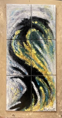 Lot 28 - Rita Moiret (1912-1994) enamel composition, abstract, comprised of 6 panels on board, signed, 107cm x 51cm, overall 122cm x 66cm