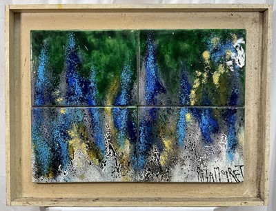 Lot 32 - Rita Moiret (1912-1994) enamel composition, abstract, signed, comprised of 4 panels on board, inscribed composition in acrylic verso, 51cm x 71cm, 66cm x 87cm overall