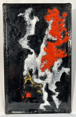 Lot 33 - Rita Moiret (1912-1994) enamel composition, abstract, in tray form, signed verso, 32.5cm x 20cm