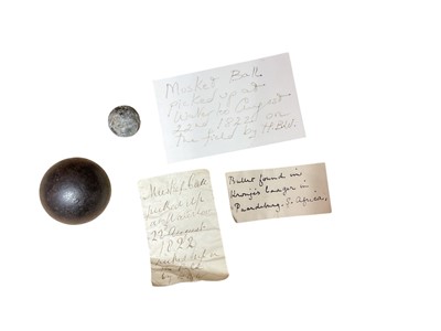 Lot 72 - Relic from the Battle of Waterloo, a lead musket ball with old handwritten note ' Musket ball picked up at Waterloo 22nd August 1822 picked up in the field by H B W' ( probably by Henry Buckley...
