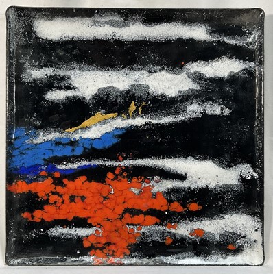 Lot 34 - Rita Moiret (1912-1994) enamel composition, abstract, in tray form, signed verso, 30cm x 30cm