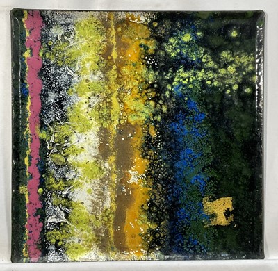 Lot 35 - Rita Moiret (1912-1994) enamel composition, abstract, in tray form, signed verso, 30cm x 30cm