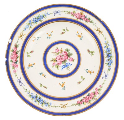 Lot 74 - Formerly the property of Napoleon Bonaparte whilst captive on St Helena, late 18th century Sevres porcelain plate with polychrome painted floral sprays within blue and gilt bands, blue painted m...