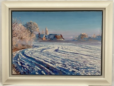 Lot 1094 - David Porteous-Butler (b.1945) oil on canvas - Milden in Snow, initialled, 50cm x 60cm, in painted frame