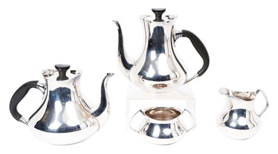Lot 185 - Contemporary four piece silver plated tea and coffee set by Cooper Brothers, comprising teapot of baluster form, with inset hinged cover and composite handle, matching coffee pot, sugar and crea...