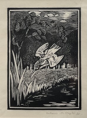 Lot 74 - Katherine Clayton (20th century) woodcut print - Kingfisher, signed and indistinctly dated, together with a watercolour of kingfishers by E A Hancock, signed and dated 1951. (2)