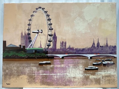 Lot 281 - Colin Ruffel (b. 1939) acrylic on canvas - Waterloo Bridge and Eye, signed, titled verso, 61cm x 81cm, unframed