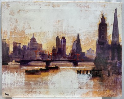 Lot 283 - Colin Ruffel (b. 1939) acrylic on canvas - Oxo Tower, signed, titled verso, 61cm x 77cm, unframed