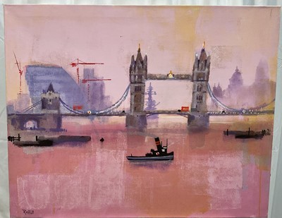 Lot 282 - Colin Ruffel (b. 1939) acrylic on canvas - Tower Bridge Midday, signed, titled verso, 61cm x 77cm, unframed